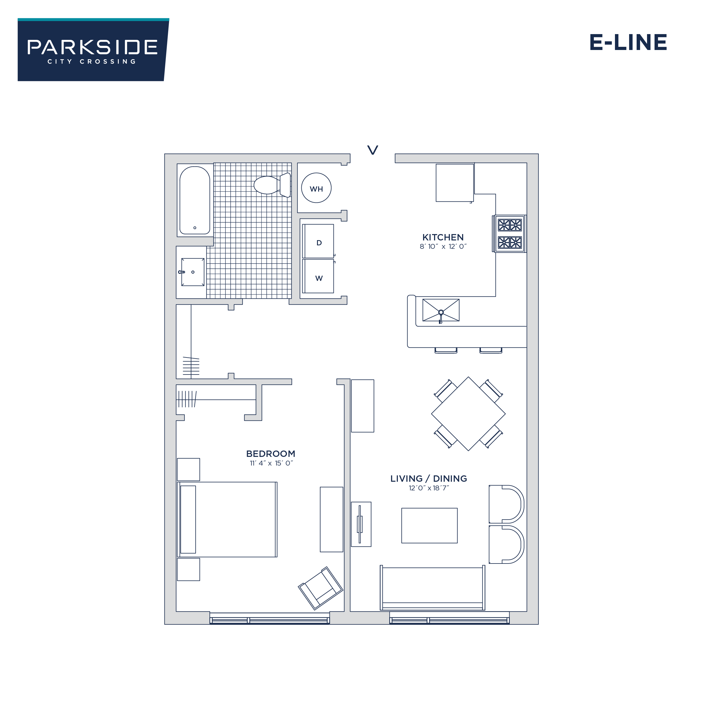 Floor plan for 1 bed, 1 bath, 681 sqft